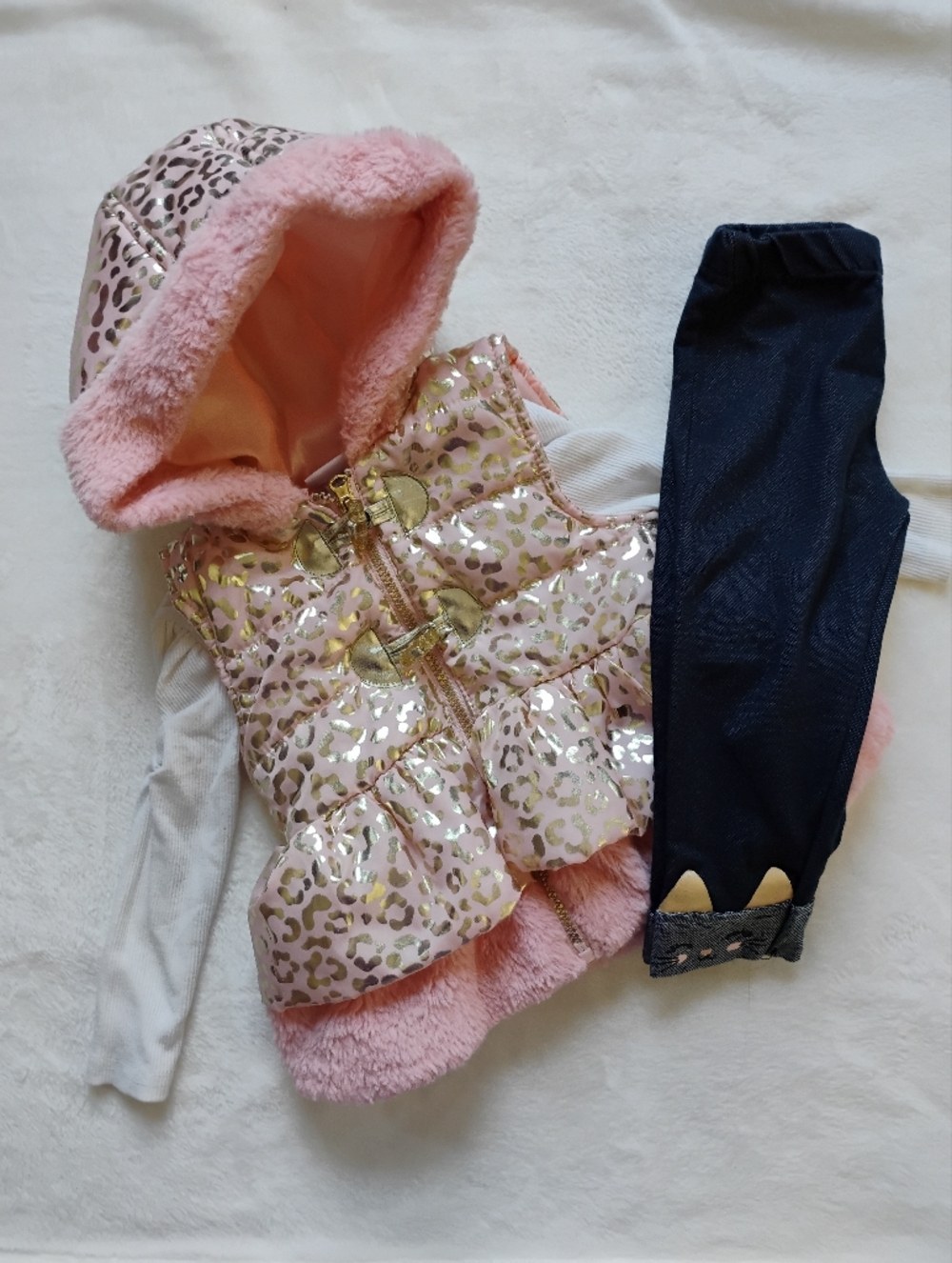 Super Cute Fur Trim Leopard Puffer Vest Outfit | Pink & Metallic Gold | 2T